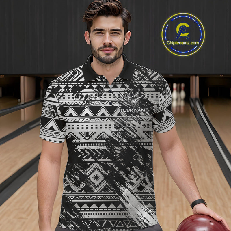 Male bowler wearing Silver Tribal bowling shirt featuring warrior-inspired graphics, custom league apparel, competitive sportswear, Polynesian symbolism.