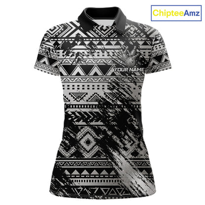 Custom Grunge Silver Tribal Bowling Polo featuring intricate Polynesian tribal graphics, personalized bowling team name, breathable quick-dry fabric, custom bowling league polo, tournament sportswear, tribal culture symbolism, athletic performance apparel.