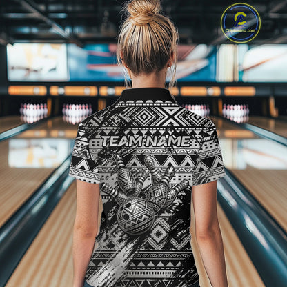 Female athlete modeling Silver Tribal bowling jersey representing determination, tribal heritage, strength, courage, island culture, modern athletic fashion.