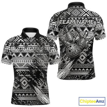 Custom Grunge Silver Tribal Bowling Polo with personalized bowling team graphics, silver tribal artwork, moisture-wicking performance polo, custom bowling apparel, warrior-inspired athletic clothing.