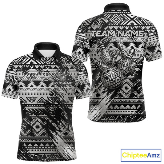 Custom Grunge Silver Tribal Bowling Polo with personalized bowling team graphics, silver tribal artwork, moisture-wicking performance polo, custom bowling apparel, warrior-inspired athletic clothing.