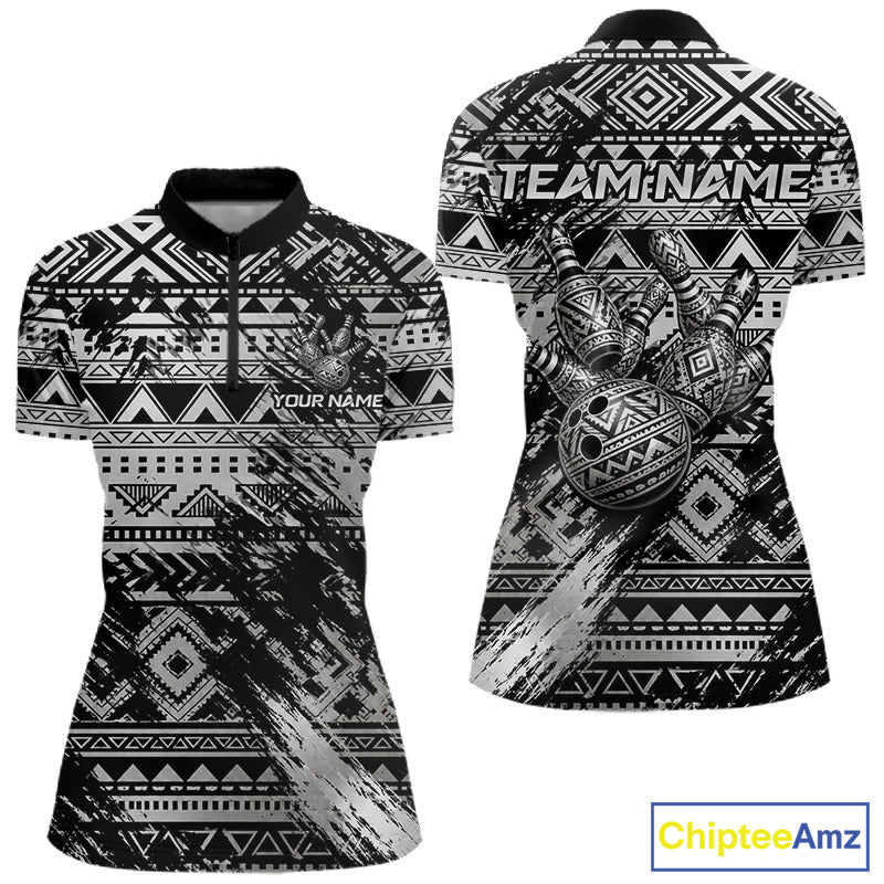 Silver Tribal Quarter-Zip Bowling Jersey featuring custom player name, tribal artwork, breathable tournament apparel, athletic bowling clothing, Hawaiian-inspired performance jersey.