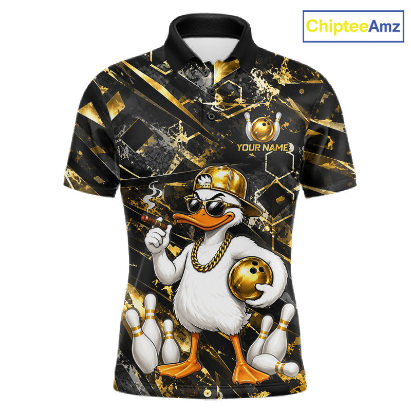 Funny Duck Bowling Polo with custom player name, duck mascot graphics, moisture-wicking performance fabric, personalized bowling tournament jersey, mascot-inspired athletic apparel.