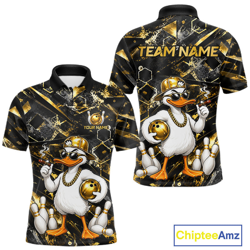 Funny Duck Bowling Polo with custom player name, duck mascot graphics, moisture-wicking performance fabric, personalized bowling tournament jersey, mascot-inspired athletic apparel.
