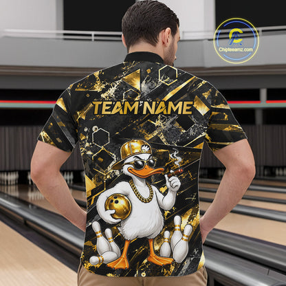 Male bowler modeling Funny Duck bowling polo, humorous mascot graphics, bowling league apparel, fun sportswear, personalized team clothing, championship spirit.