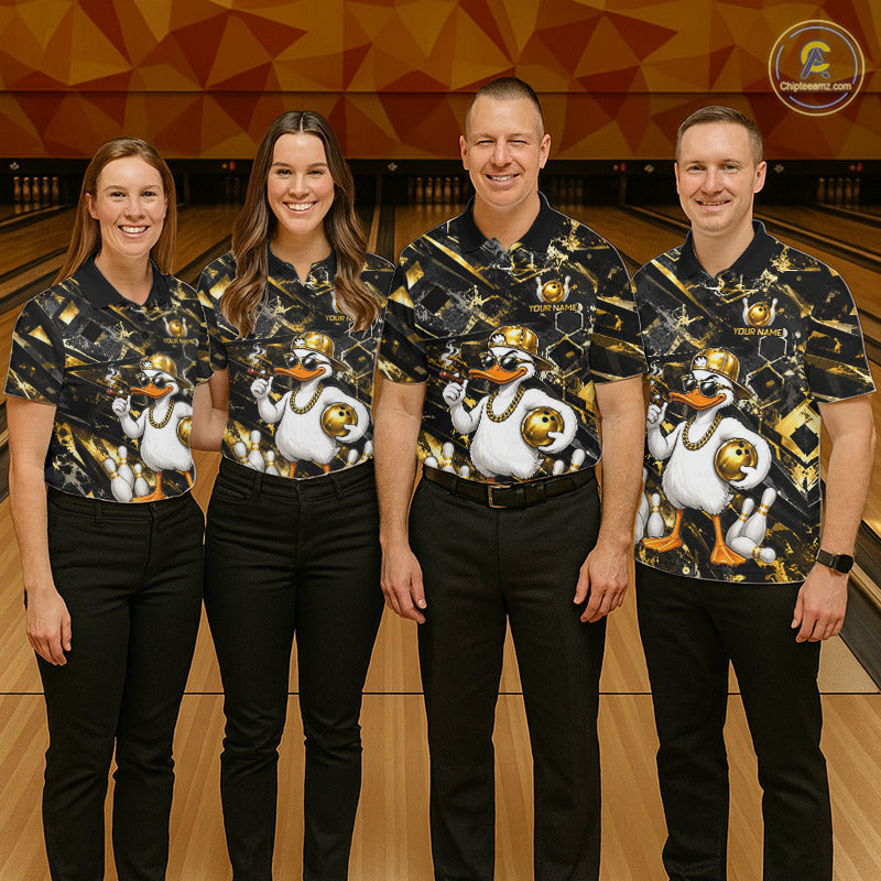 Bowling team wearing matching Funny Duck jerseys featuring personalized names, mascot-inspired uniforms, league tournament apparel, corporate bowling event, family bowling night, friendship, teamwork, fun competition, championship symbolism.