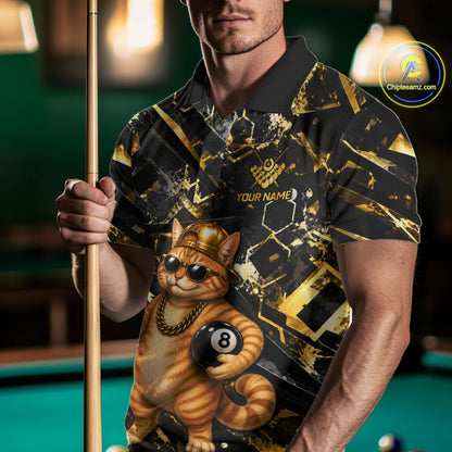Male billiards player modeling Rich Cat jersey representing abundance, financial success, motivation, leadership, confidence, luxury sportswear, custom team clothing.