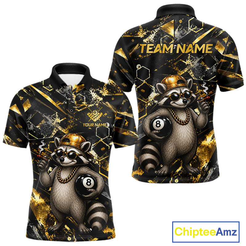 Funny Rich Raccoon Billiard Polo featuring rich raccoon artwork, personalized player name, custom billiards team jersey, moisture-wicking athletic polo, championship sportswear, humorous luxury mascot design.