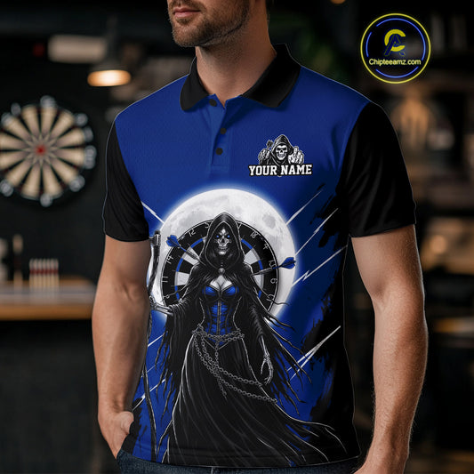 Black And Blue Grim Reaper Moon Dartboard Custom Men Darts Polo Shirt Gothic Dart Jerseys NYN1948