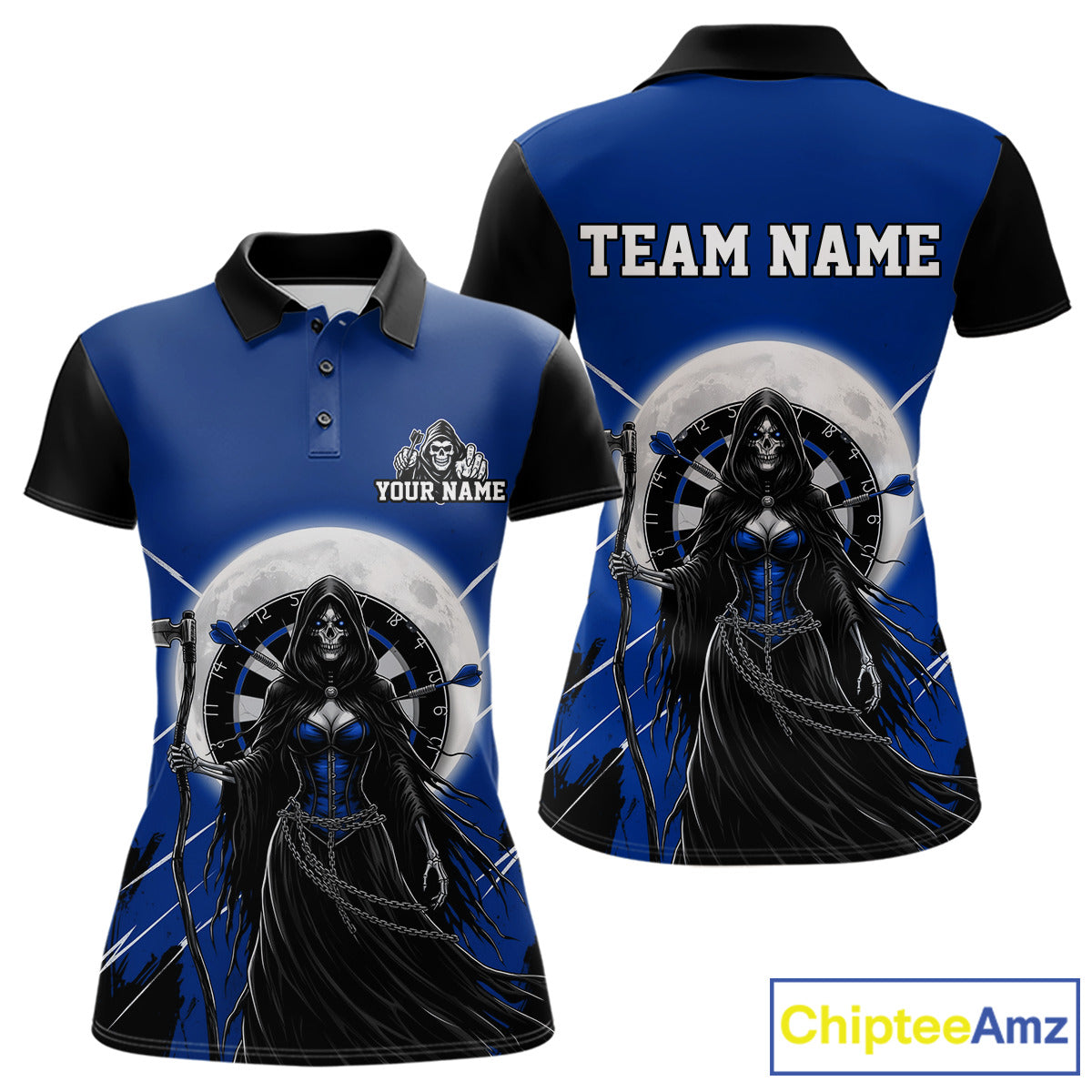 Black And Blue Grim Reaper Moon Dartboard Custom Women Darts Quarter-Zip Shirt Gothic Dart Jerseys NYN1948