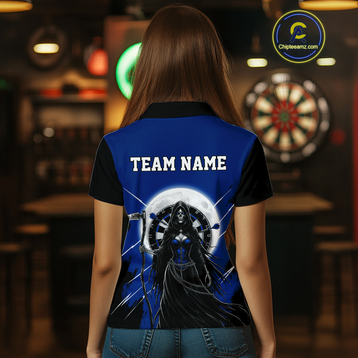 Black And Blue Grim Reaper Moon Dartboard Custom Women Darts Quarter-Zip Shirt Gothic Dart Jerseys NYN1948