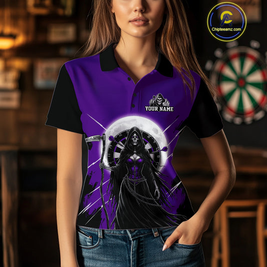 Black And Purple Grim Reaper Moon Dartboard Custom Women Darts Quarter-Zip Shirt Gothic Dart Jerseys NYN1949