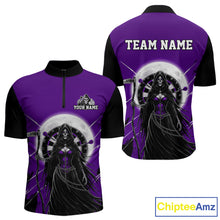 Load image into Gallery viewer, Black And Purple Grim Reaper Moon Dartboard Custom Men Darts Quarter-Zip Shirt Gothic Dart Jerseys NYN1949