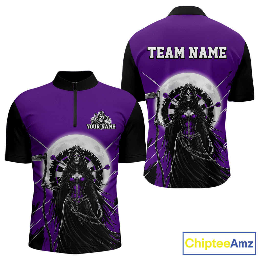 Black And Purple Grim Reaper Moon Dartboard Custom Men Darts Quarter-Zip Shirt Gothic Dart Jerseys NYN1949