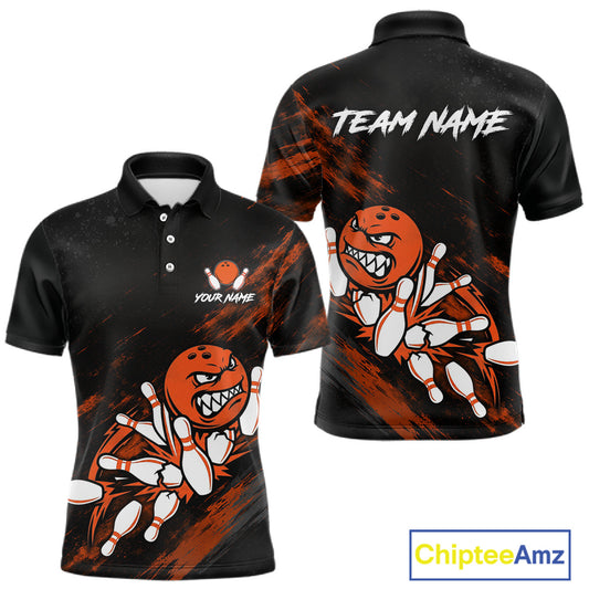 Funny Angry Bowling Ball men's bowling polo shirt custom orange strike bowling team jersey, bowling gift for men