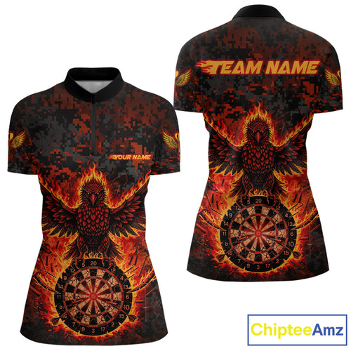 Custom Red Flames Eagle Digital Camo Darts Quarter-Zip Shirt For Women Cracked Dart Jerseys NYN1958