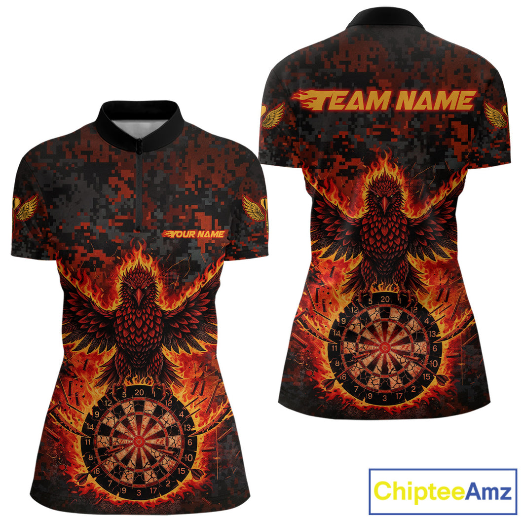 Custom Red Flames Eagle Digital Camo Darts Quarter-Zip Shirt For Women Cracked Dart Jerseys NYN1958