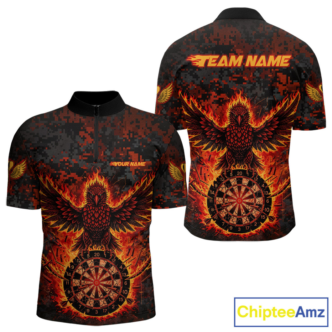 Custom Red Flames Eagle Digital Camo Darts Quarter-Zip Shirt For Men Cracked Dart Jerseys NYN1958