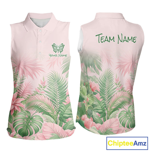 Personalized Green And Pink Tropical Pattern Custom Golf Sleeveless Polo Shirt For Women Golf Team Clothes NYN2864