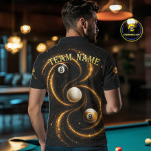 Load image into Gallery viewer, Male pool player wearing Black and Yellow Galaxy 8 ball 9 ball billiard jersey during league and tournament competition