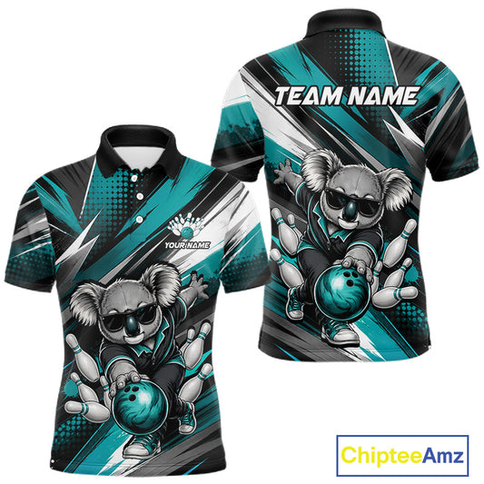 Grunge Turquoise Bear Bowling Polo featuring humorous bear artwork, personalized bowling team graphics, custom league jersey, quick-dry athletic apparel, bowling club uniform, wilderness mascot theme, strength, resilience, leadership symbolism.