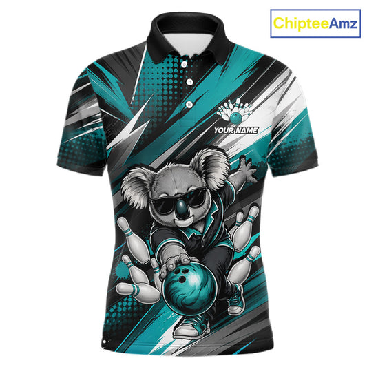 Grunge Turquoise Bear Bowling Polo featuring humorous bear artwork, personalized bowling team graphics, custom league jersey, quick-dry athletic apparel, bowling club uniform, wilderness mascot theme, strength, resilience, leadership symbolism.
