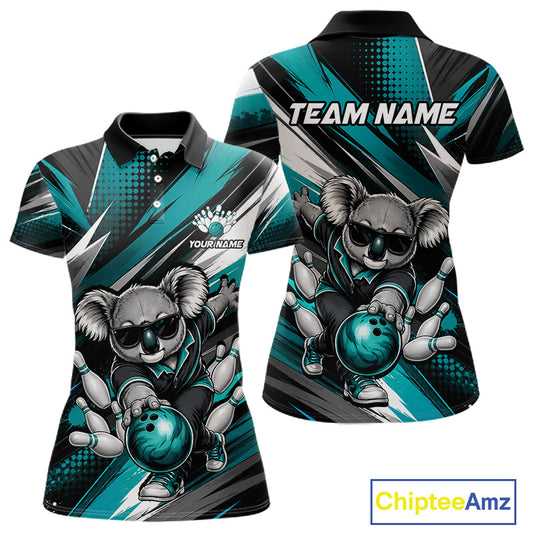 Grunge Turquoise Bear Bowling Polo featuring funny bear mascot, personalized bowling team name, moisture-wicking performance polo, custom bowling league apparel, breathable athletic shirt, mascot sportswear, wildlife-inspired design, team spirit, USBC tournament jersey, Father's Day gift, outdoor adventure symbolism.