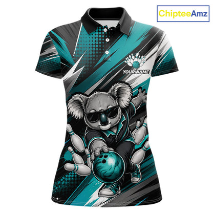 Grunge Turquoise Bear Bowling Polo featuring funny bear mascot, personalized bowling team name, moisture-wicking performance polo, custom bowling league apparel, breathable athletic shirt, mascot sportswear, wildlife-inspired design, team spirit, USBC tournament jersey, Father's Day gift, outdoor adventure symbolism.