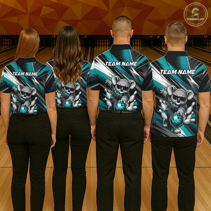 Bowling team wearing matching Funny Bear jerseys with personalized names, mascot-inspired uniforms, league champions, USBC tournament apparel, corporate team building, friendship, teamwork, outdoor adventure, wildlife symbolism, championship spirit.
