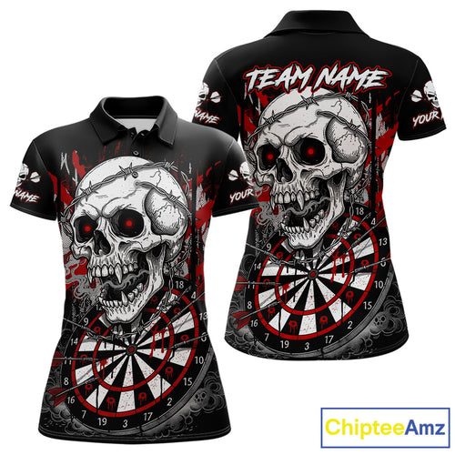 Custom Red Grey Skull Barbed Wire Dartboard Grunge Darts Polo Shirt For Women Dart Gifts NYN1968