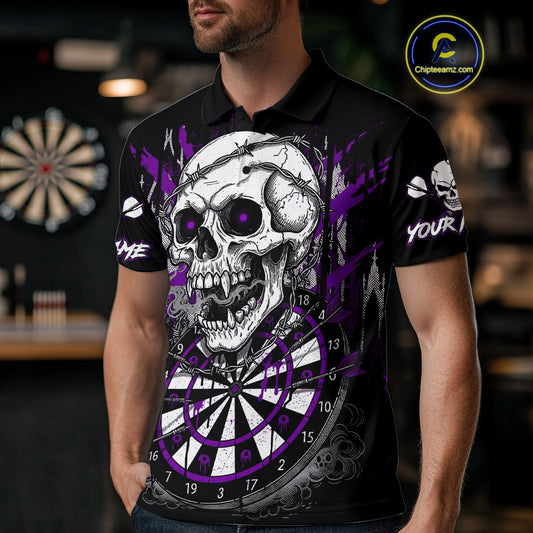 Custom Purple Grey Skull Barbed Wire Dartboard Grunge Darts Polo Shirt For Men Dart Gifts NYN1969