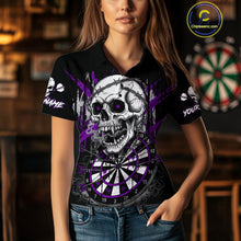 Load image into Gallery viewer, Custom Purple Grey Skull Barbed Wire Dartboard Grunge Darts Polo Shirt For Women Dart Gifts NYN1969