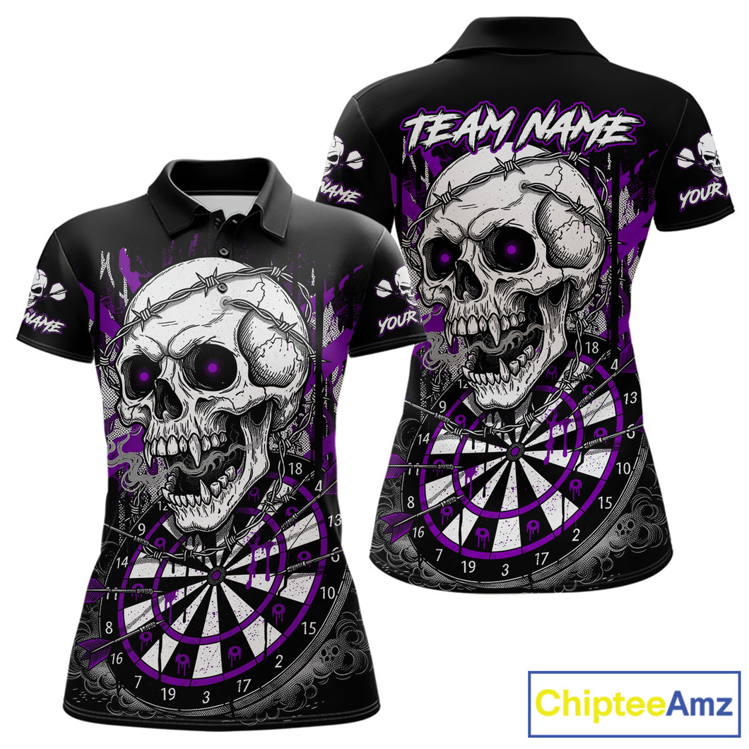 Custom Purple Grey Skull Barbed Wire Dartboard Grunge Darts Polo Shirt For Women Dart Gifts NYN1969