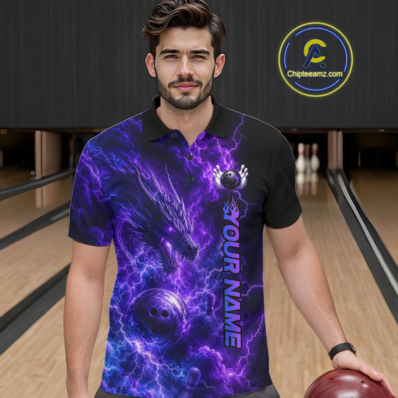 Male bowler wearing Dragon Thunder Purple bowling shirt inspired by Eastern dragons, leadership, strength, victory, fantasy gaming culture, athletic performance apparel.