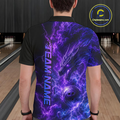 Male bowler wearing Dragon Thunder Purple bowling shirt inspired by Eastern dragons, leadership, strength, victory, fantasy gaming culture, athletic performance apparel.