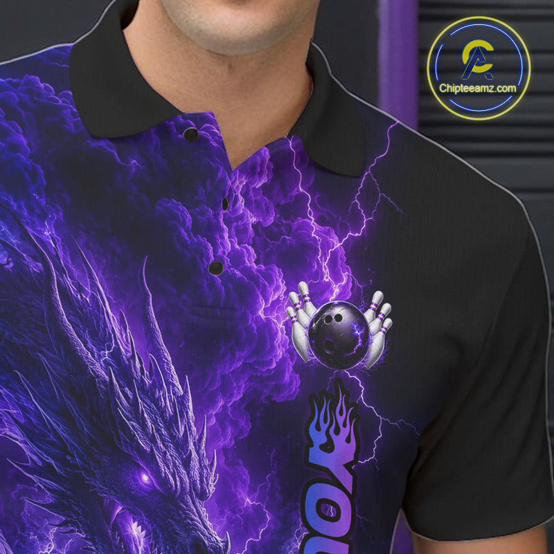 Male bowler wearing Dragon Thunder Purple bowling shirt inspired by Eastern dragons, leadership, strength, victory, fantasy gaming culture, athletic performance apparel.