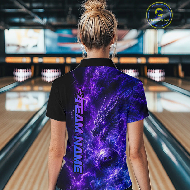 Female bowler modeling Dragon Thunder Purple jersey representing wisdom, power, prosperity, courage, mythical guardian symbolism, personalized bowling apparel, competitive sports fashion.