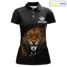 Load image into Gallery viewer, Funny Tiger 8 Ball women's billiard polo shirt personalized black leopard claws pool jersey, custom billiards apparel