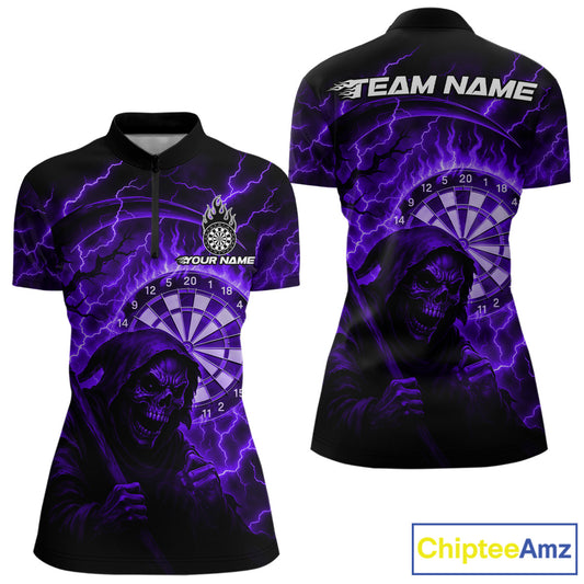 Custom Lightning Purple Grim Reaper Women Dart 1/4-Zip Shirt Flames Dart Tournament Jersey NYN1447
