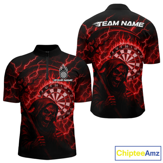 Custom Lightning Red Grim Reaper Men Dart 1/4-Zip Shirt Flames Dart Tournament Jersey NYN1448