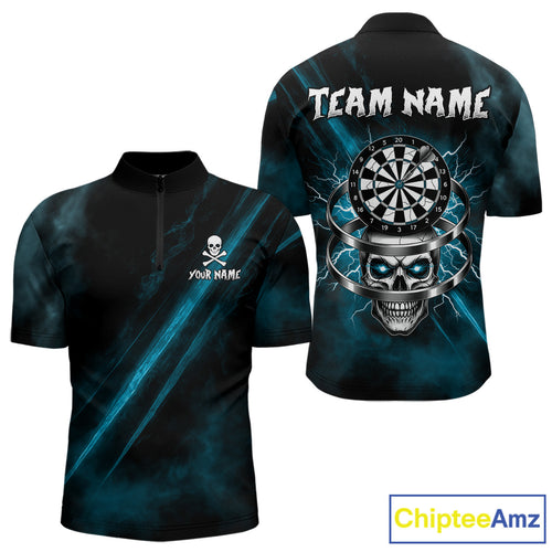 Custom Silver Skull Dartboard Lightning Turquoise Dart Men 1/4-Zip Jerseys Outfits Dart Shirt NYN1712