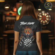 Load image into Gallery viewer, Female darts player wearing Funny Tiger scratch dartboard jersey during competitive darts tournament