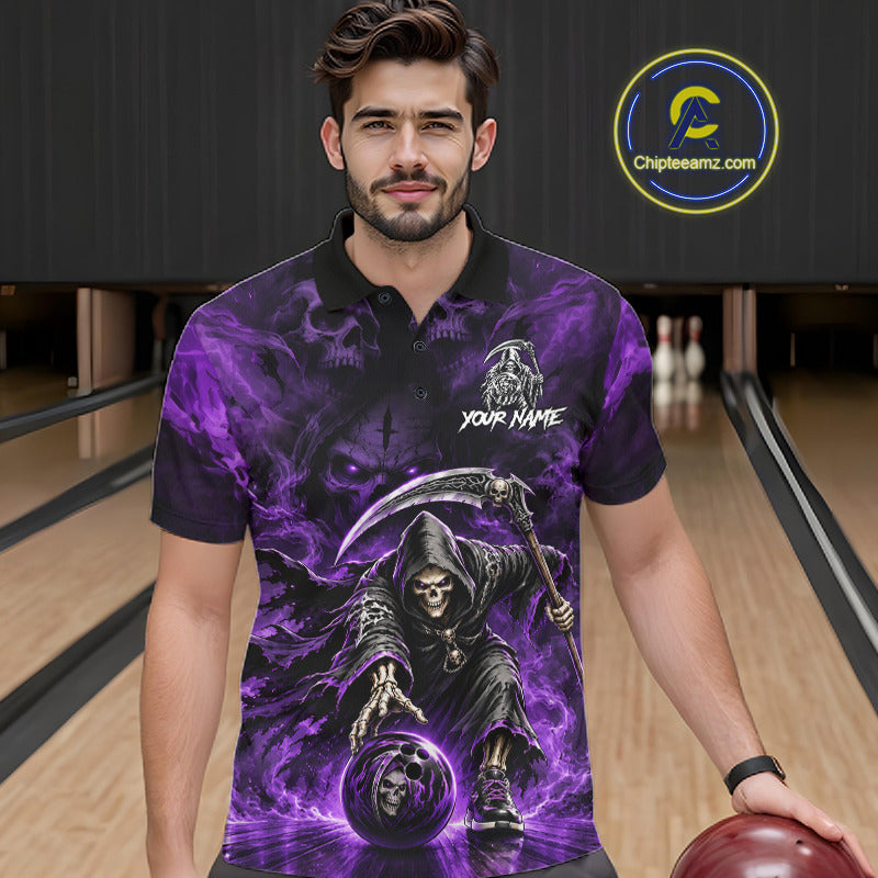 Female bowler wearing Grim Reaper bowling jersey symbolizing resilience, fearlessness, transformation, Halloween culture, tattoo fashion, personalized sportswear.