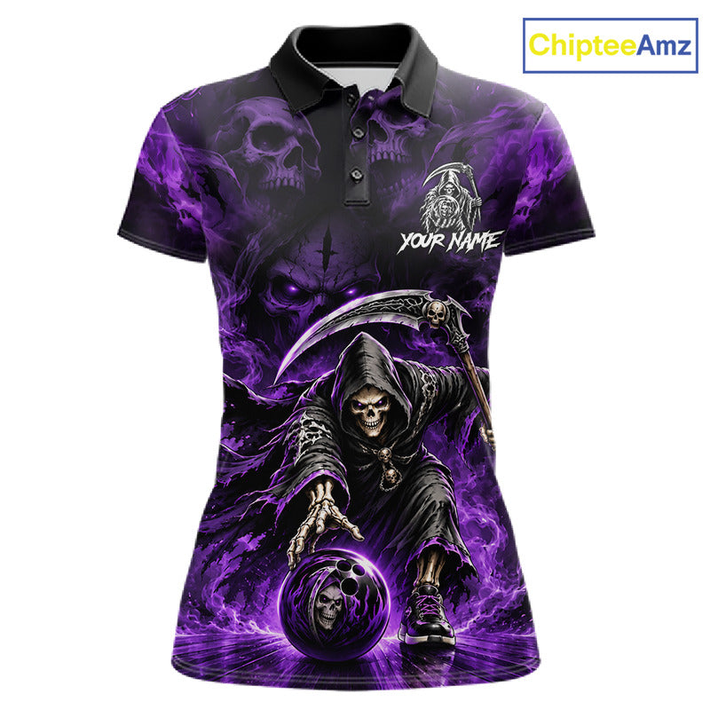 Black & Purple Flame Grim Reaper Bowling Polo featuring grim reaper skull artwork, purple flames, personalized bowling team name, gothic performance apparel, moisture-wicking bowling jersey, Halloween sportswear, tattoo-inspired design, biker aesthetic.
