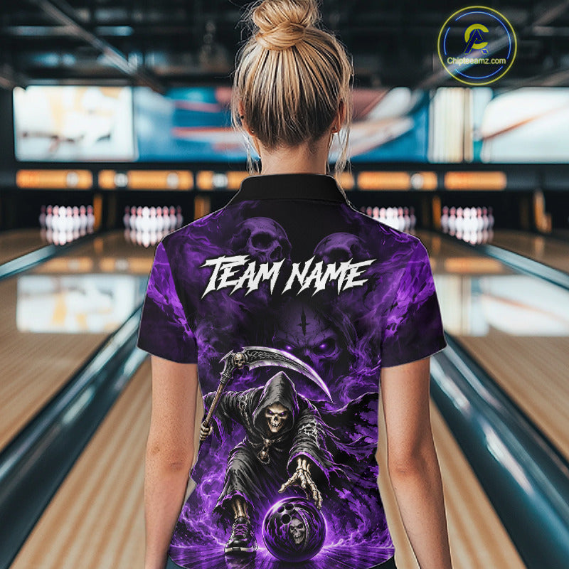 Female bowler wearing Grim Reaper bowling jersey symbolizing resilience, fearlessness, transformation, Halloween culture, tattoo fashion, personalized sportswear.