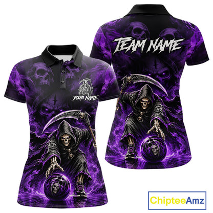 Black & Purple Flame Grim Reaper Bowling Polo featuring grim reaper skull artwork, purple flames, personalized bowling team name, gothic performance apparel, moisture-wicking bowling jersey, Halloween sportswear, tattoo-inspired design, biker aesthetic.