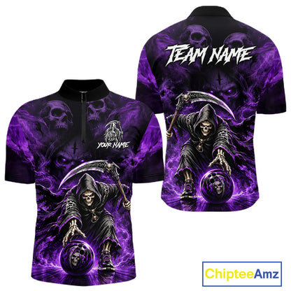 Black & Purple Flame Grim Reaper Quarter-Zip Bowling Jersey featuring personalized player graphics, quick-dry athletic fabric, biker-inspired sportswear, custom bowling league clothing.