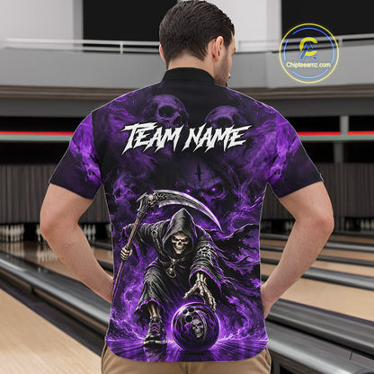 Female bowler wearing Grim Reaper bowling jersey symbolizing resilience, fearlessness, transformation, Halloween culture, tattoo fashion, personalized sportswear.