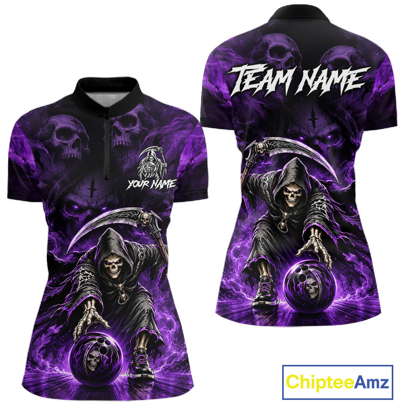 Black & Purple Flame Grim Reaper Bowling Polo featuring custom player name, skull artwork, gothic bowling apparel, custom tournament jersey, heavy metal style sportswear, fearless competition theme.