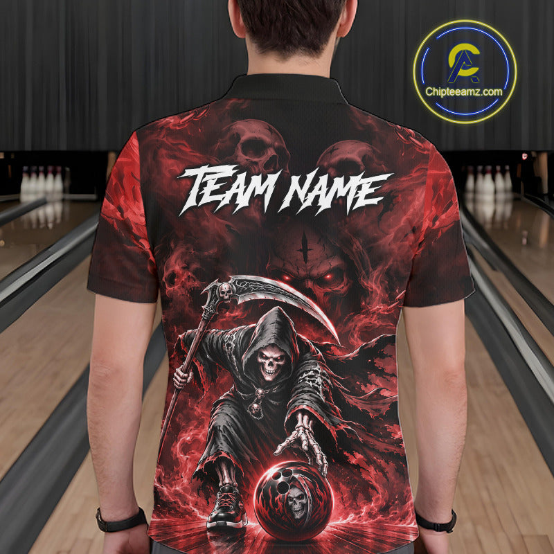 Female athlete modeling Red Flame Grim Reaper bowling jersey representing courage, fearless attitude, passion, strength, Halloween-inspired sports fashion.